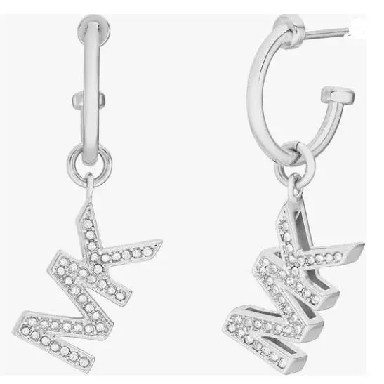 Brass and Pavé Crystal MK Logo Dangle Earrings Silver MKJ800804 by Michael Kors