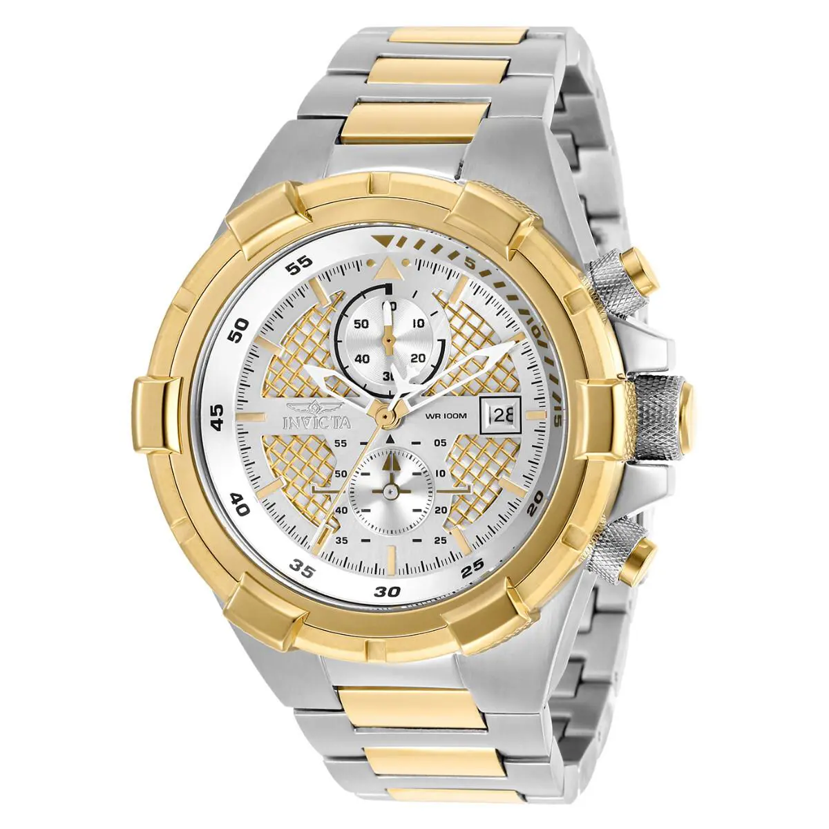 Invicta Aviator Chronograph Quartz 50.5mm. Steel. Gold Men`s Watch 28120 - Dial: Silver (Gold Weave), Band: Two-tone (Silver-tone and Gold-tone), Bezel: Silver-tone