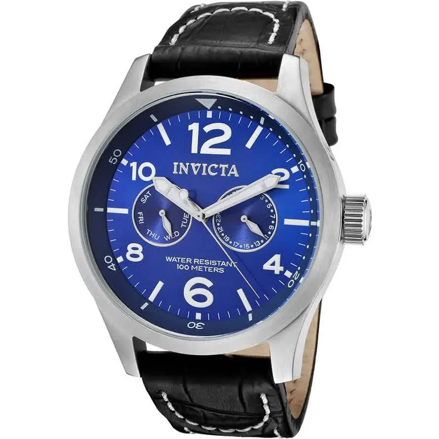 Invicta Specialty Military Multi-function Blue Dial Black Leather Men`s Watch - Dial: Blue, Band: Black, Bezel: Silver-tone
