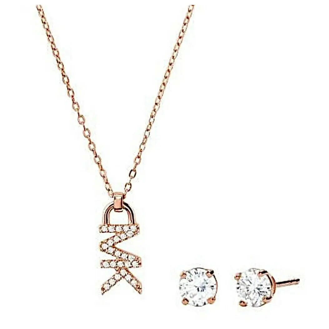 Michael Kors Sterling Silver Rose Gold-tone Necklace Earrings