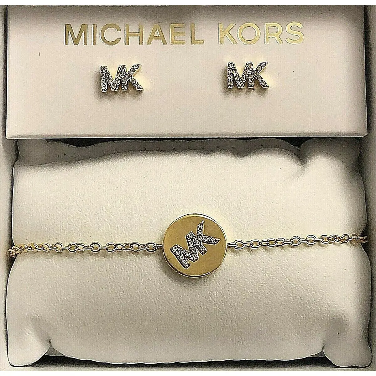 Michael Kors Gold-tone Crystal Pave` Logo Bracelet MK Earring Set
