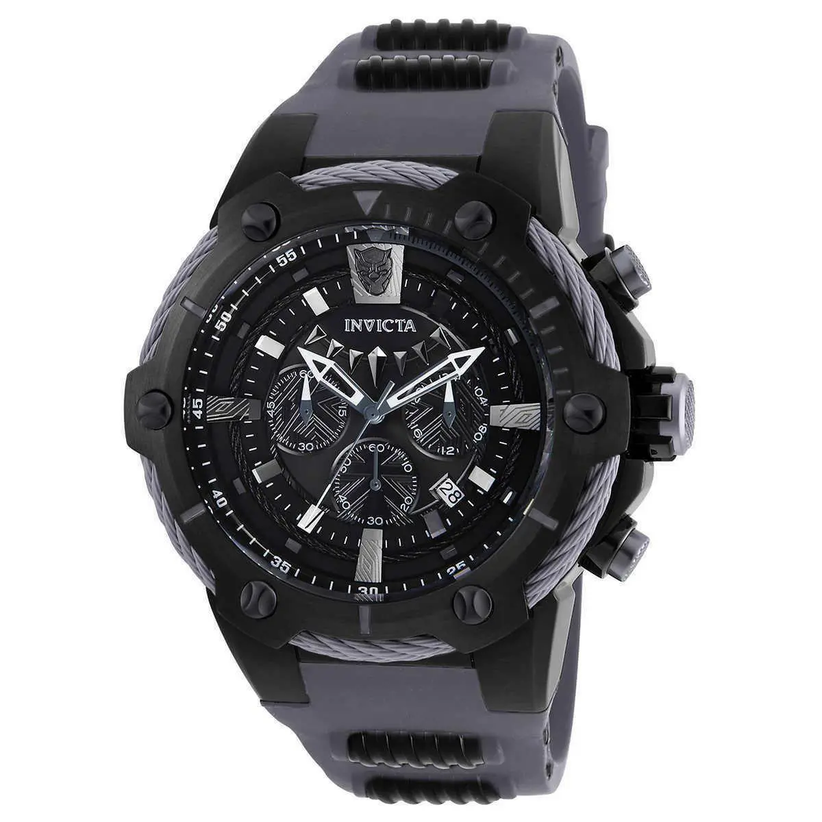 Invicta Marvel Black Panther 52mm Limited Ed Bolt Chronograph Rubber Watch - Dial: Black, Band: Gray