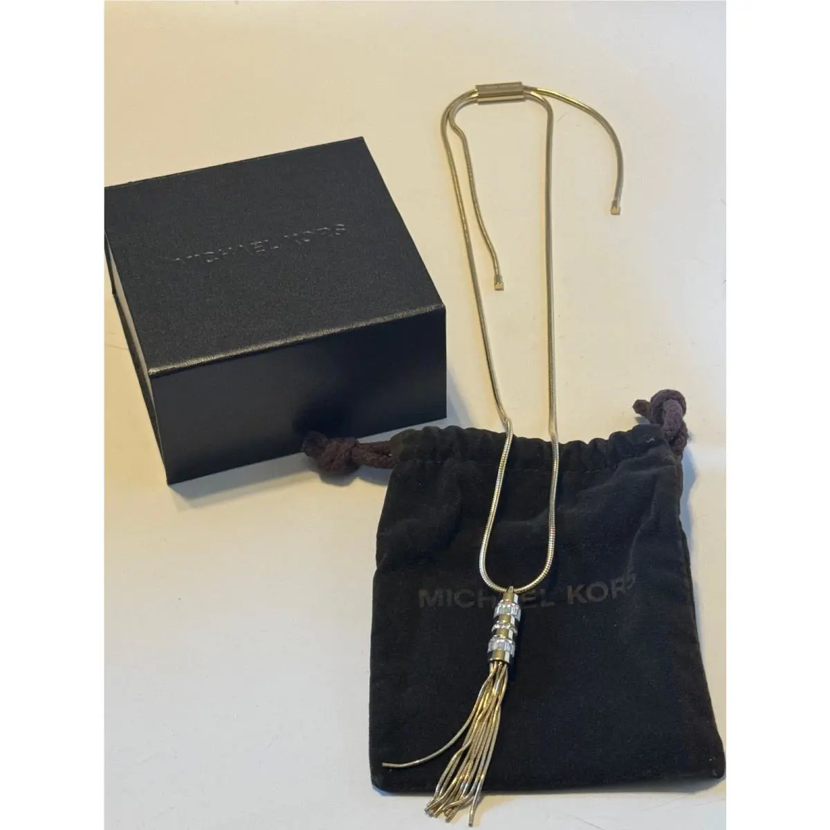 Michael Kors Women Gold-tone Cubic Zirconia Fringe Tassel Charm Pendant Necklace