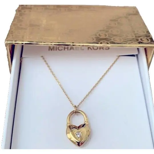 Michael Kors Yellow Gold Necklace Crystal Chip Heart Padlock MKJ7443710 + MK Box