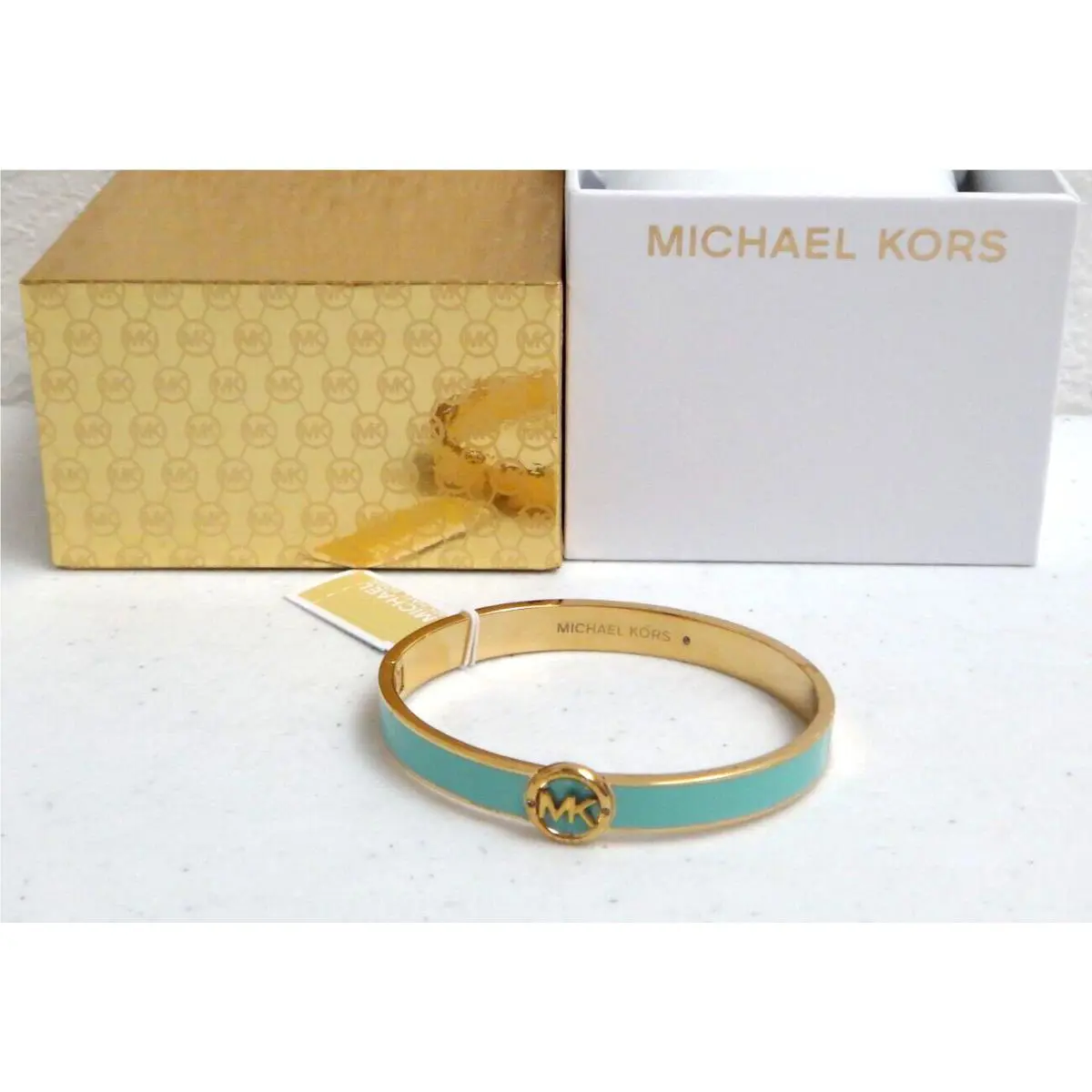 Michael Kors MK Logo Gold Turquoise Enamel Bangle Bracelet MKJ7938710 + MK Box
