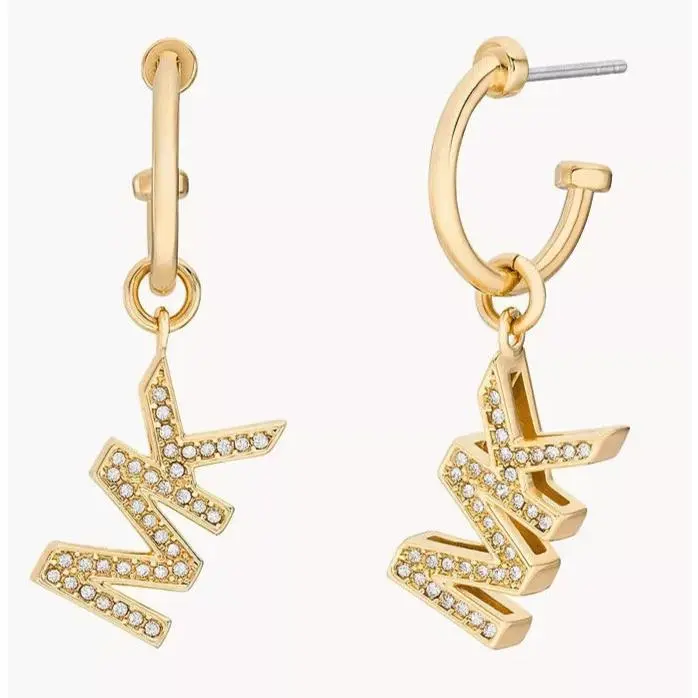 MK Logo Yellow Gold Brass Drop Earrings Crystals MKJ8008710 +mk Box by Michael Kors