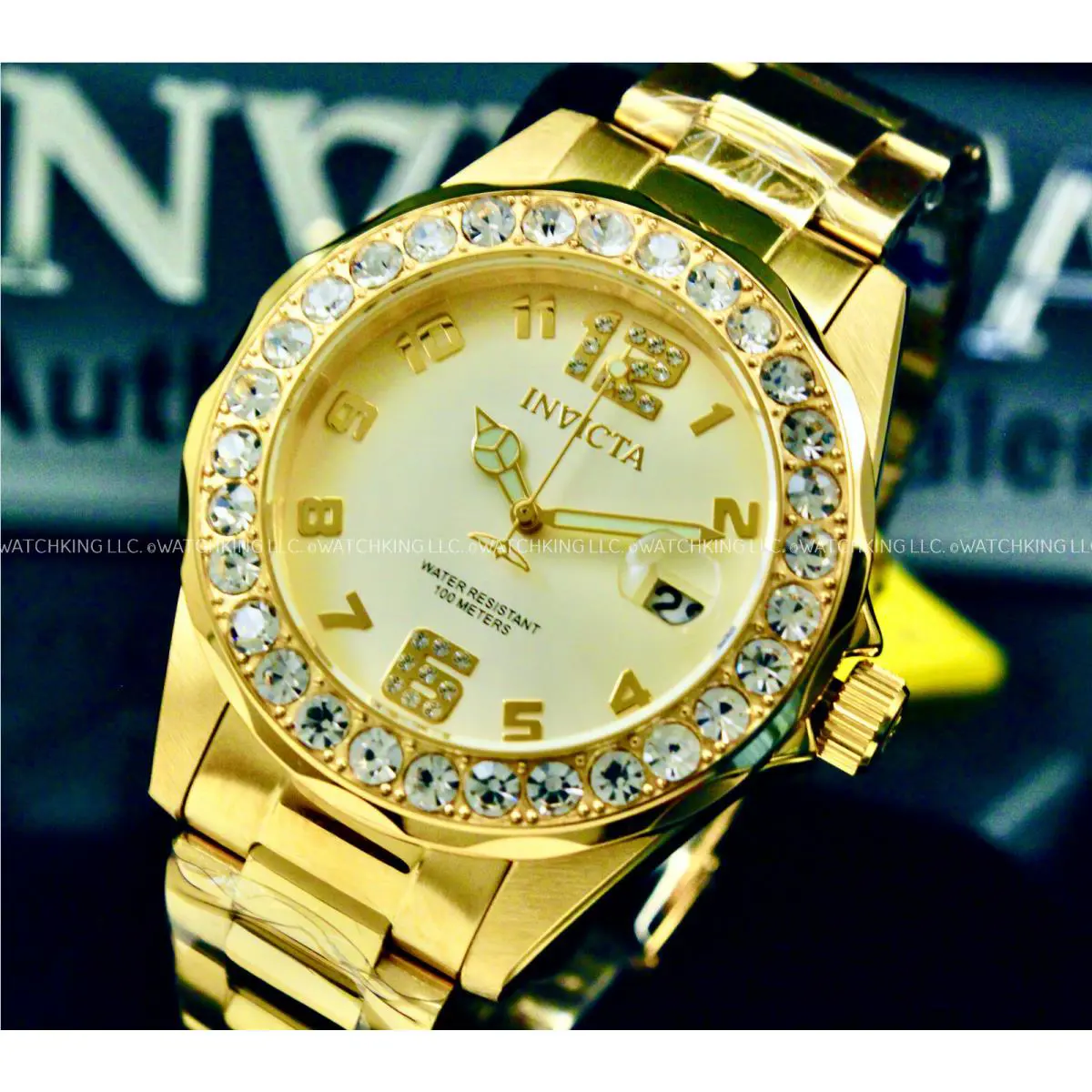 Invicta Women Pro Diver 18K Gold Plated Gold Dial Crystal Accent Bracelet Watch
