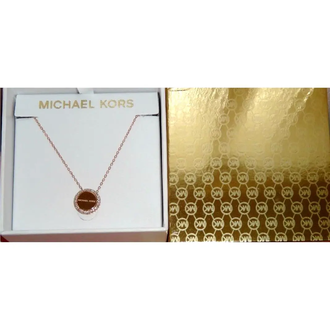 Michael Kors Brilliance Rose Gold MK Logo Necklace Crystals MKJ6180791 + MK Box