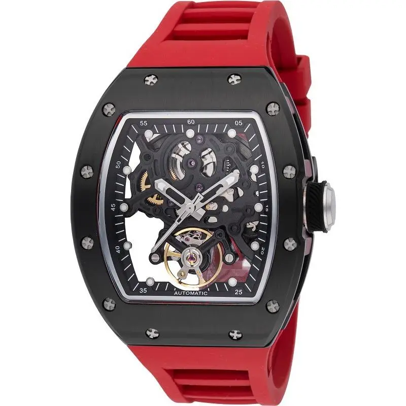 Invicta Men`s 44mm S1 Rally Skull Automatic Skeleton Dial Red/black Tone Watch - Dial: Black, Band: Red, Bezel: Black