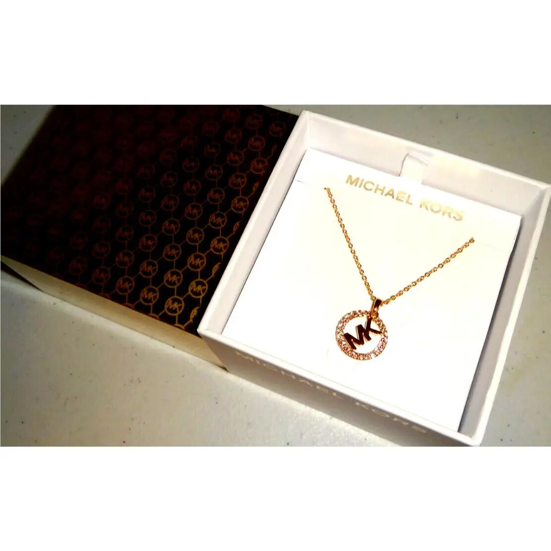 Michael Kors MK Logo Yellow Gold Necklace Crystals Pave MKJ7325710 + MK Gift Box