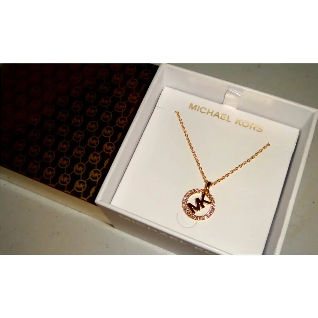 Michael Kors MK Logo Rose Gold Necklace Crystals Pave MKJ7327791 + MK Gift Box