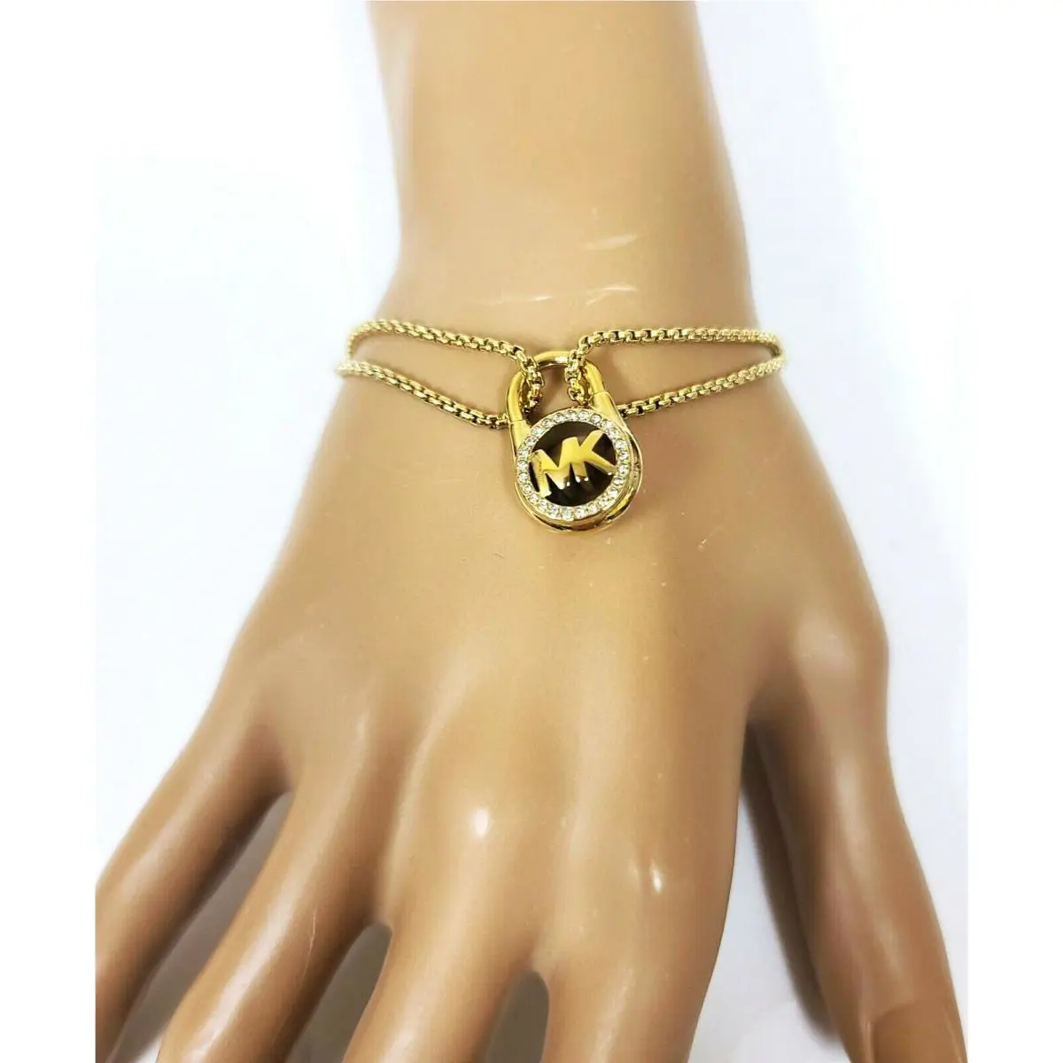 Michael Kors Gold Chain Link Pave Padlock Charm Slider Bracelet MKJ7380