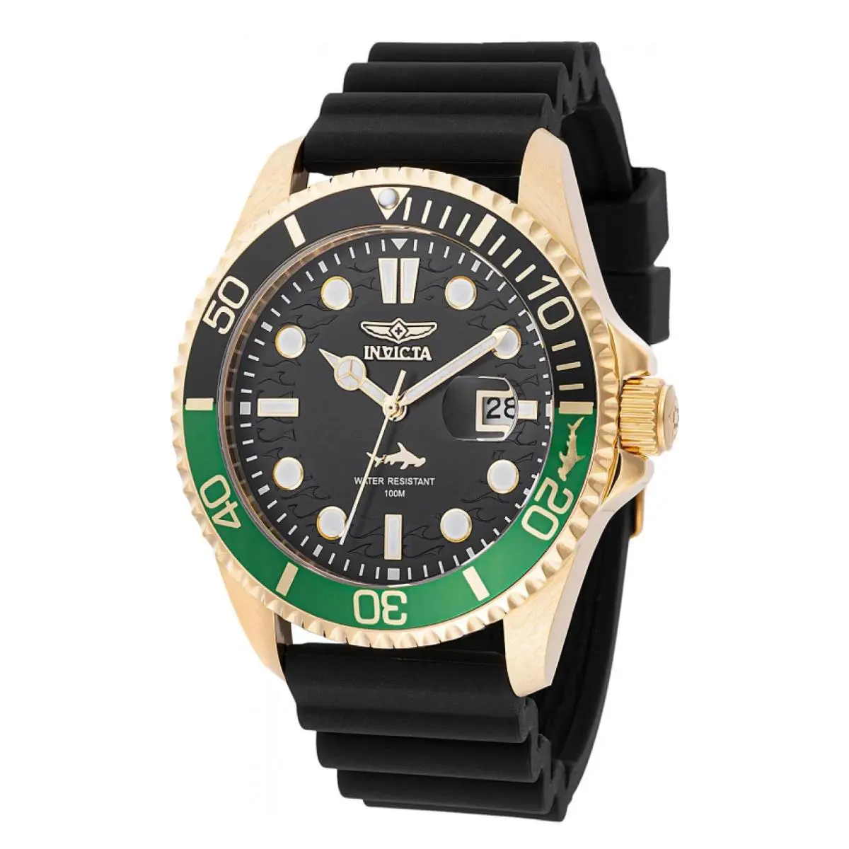 Invicta Pro Diver Shark Black Dial Sprite Bezel Silicone Strap Men`s Watch 47163 - Dial: Black, Band: Black, Bezel: Sprite bezel/Green/Black