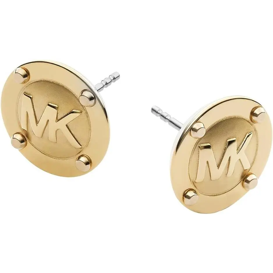 Michael Kors Brushed Gold Tone MK Logo Disc Stud Earrings MKJ1666