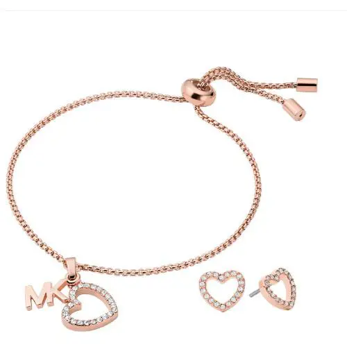 Michael Kors Box Set Gold Slider Bracelet Crystal Heart Earrings MKJ7816710 +box