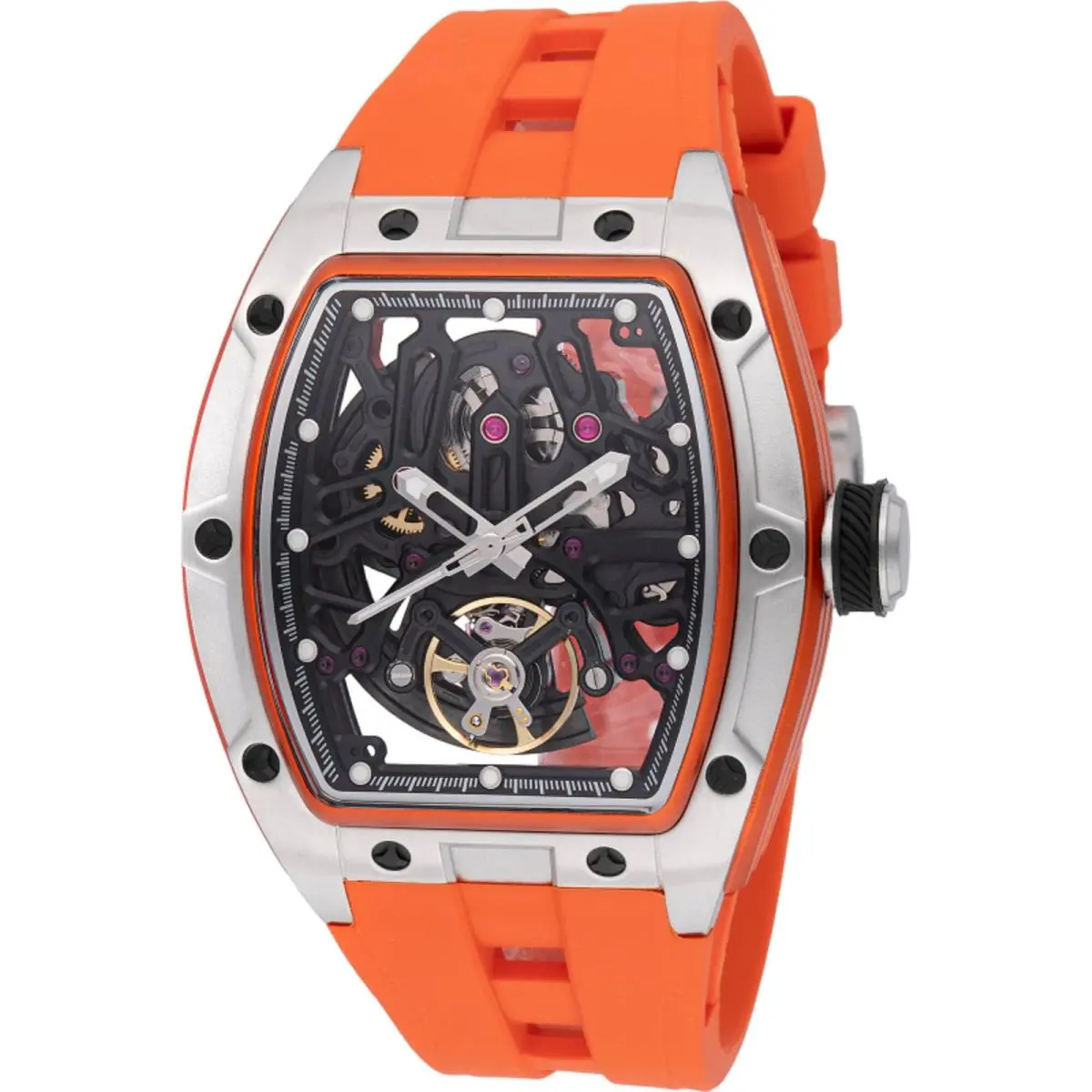 Invicta Men`s Watch S1 Rally Automatic Skeleton Dial Orange Strap 49033 - Dial: Black, Silver, Skeleton, Band: Orange