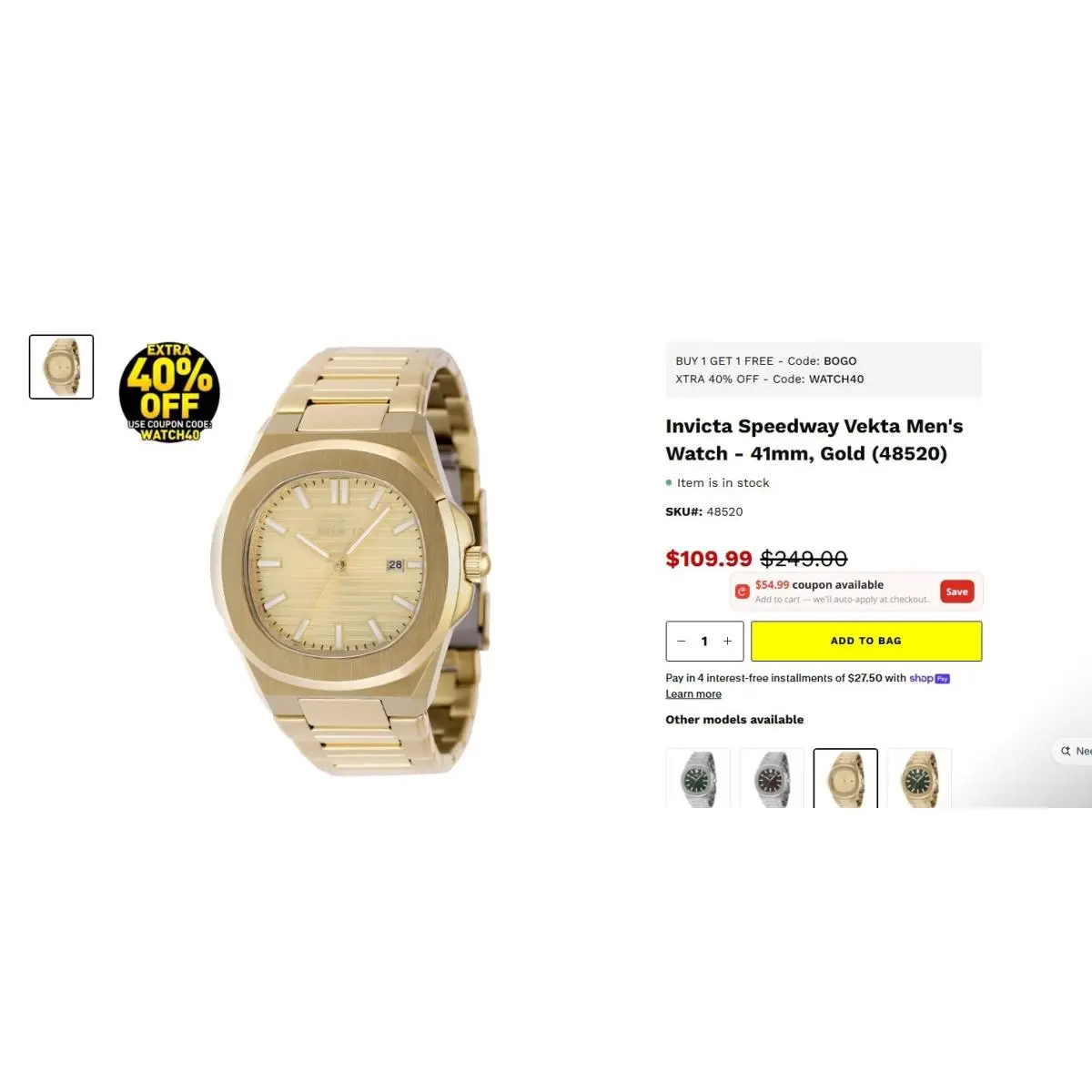 Invicta Men`s 48520 Speedway Quartz 3 Hand Gold Dial Watch - Dial: Gold, Band: Gold, Bezel: Gold