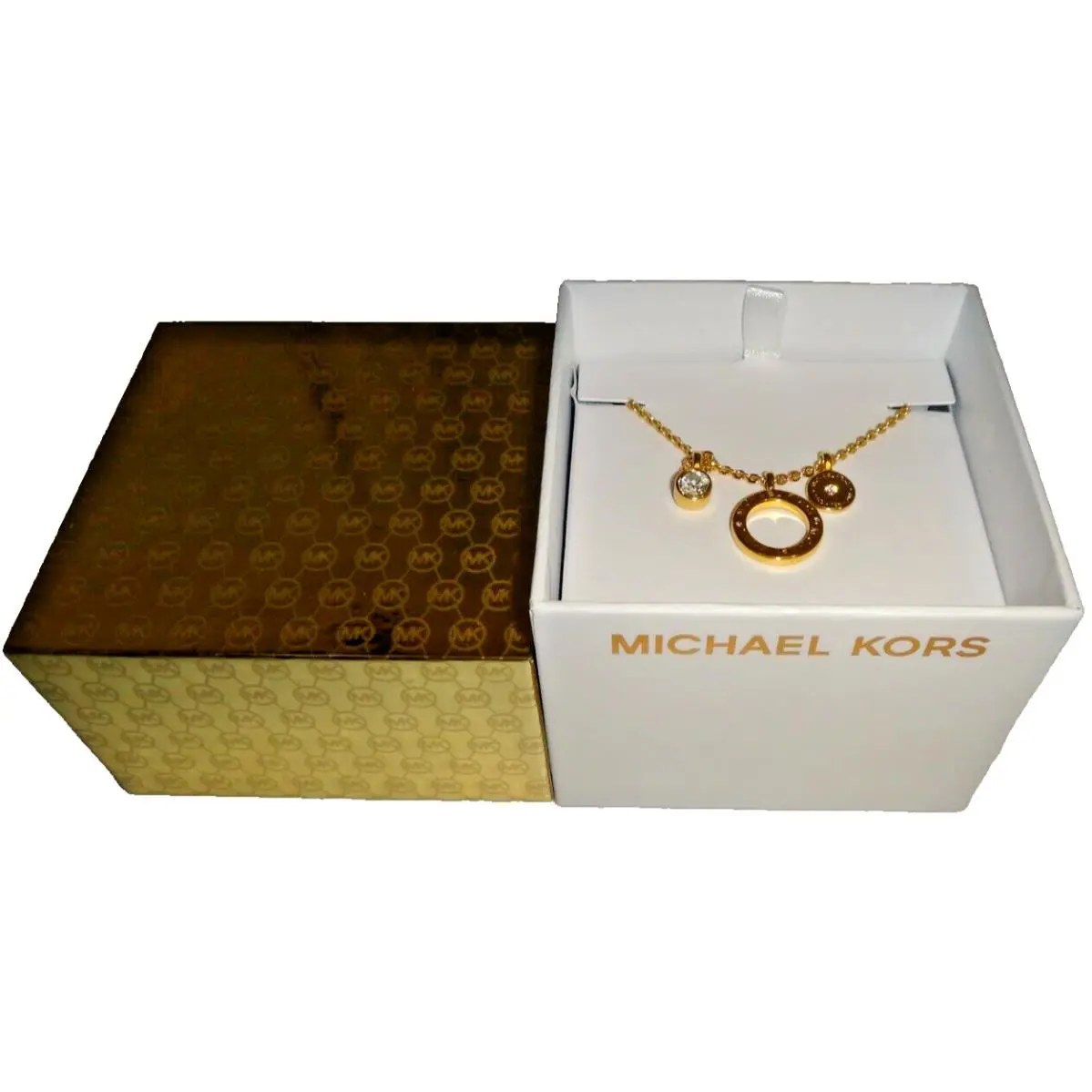 Michael Kors Yellow Gold 3-Pendants Necklace Single Crystal MKJ7576710 + MK Box