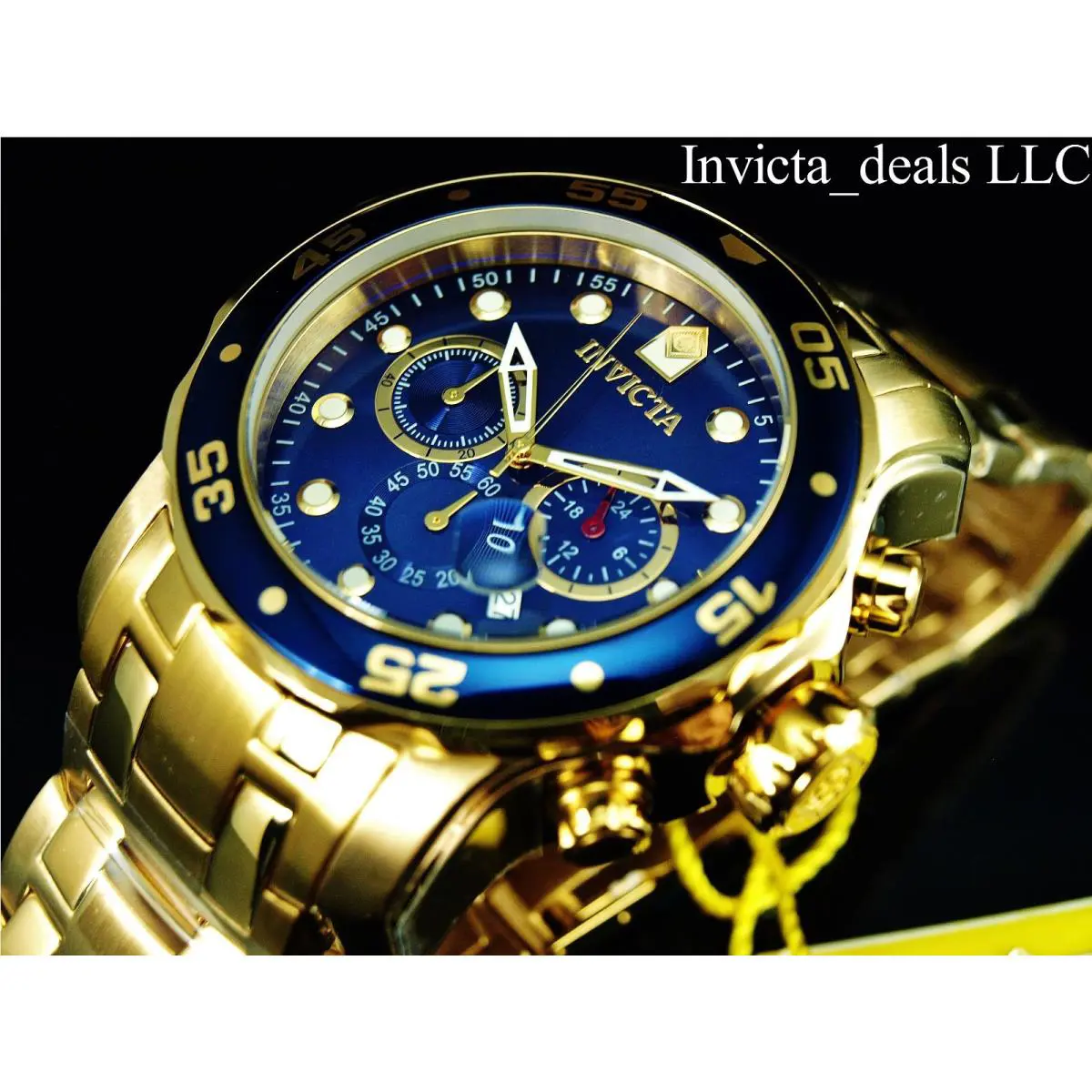Invicta Men`s 48mm Pro Diver Scuba Chronograph Blue Dial 18KT Gold Plated Watch