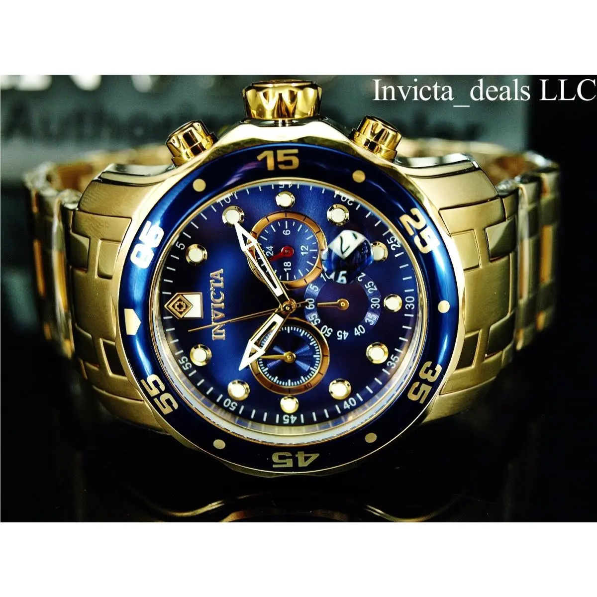 Invicta Men`s 48mm Pro Diver Scuba Chronograph Blue Dial 18KT Gold Plated Watch