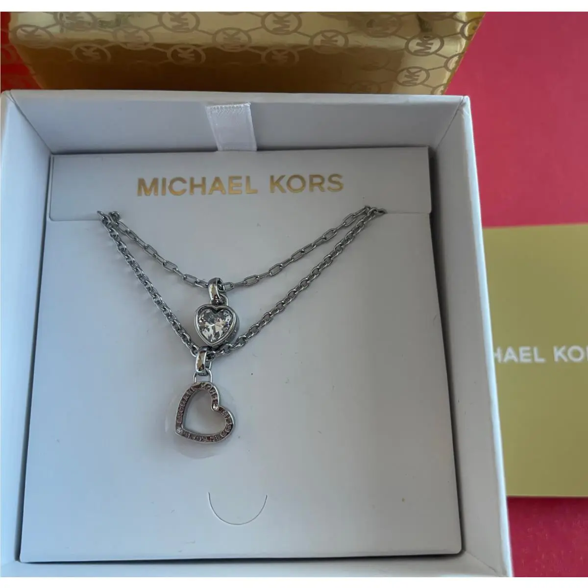 Michael Kors Silver Cubic Zirconia Heart Logo Double Layer Necklace MKJ7802
