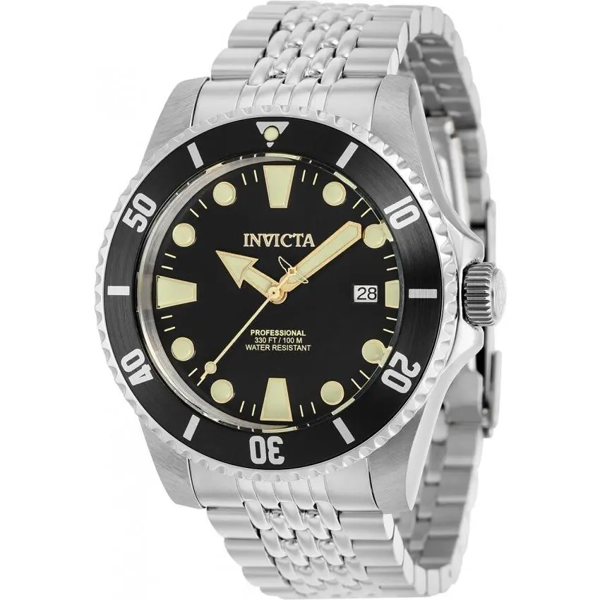 Men`s Invicta Pro Diver Automatic Black Dial Silver Bracelet 44mm Watch 39755