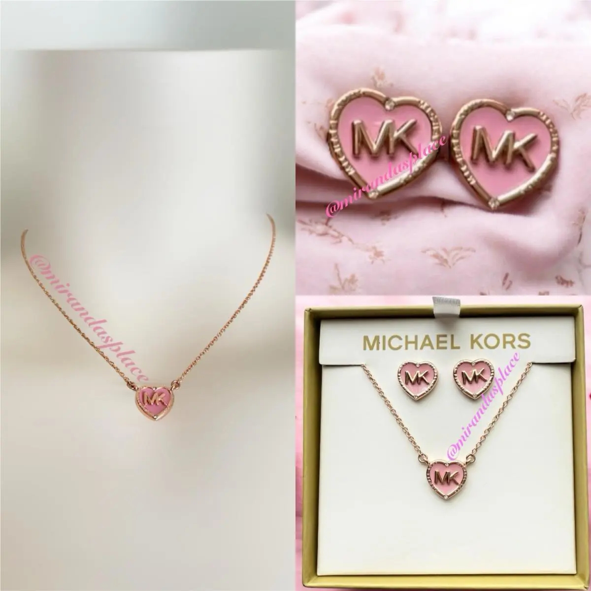 Michael Kors MK Pink Rose Gold Heart Necklace Earrings Set