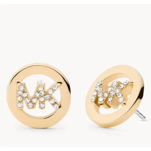 MK Logo Yellow Gold Plated Brass Stud Earrings Crystals MKJ7629710 by Michael Kors