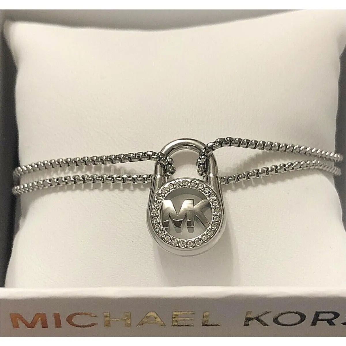 Michael Kors Silver-tone Crystal Pave Padlock Slider Bracelet