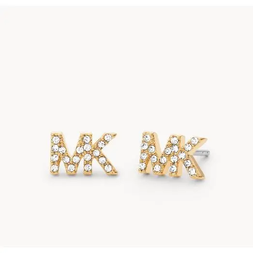 MK Logo Yellow S/ Steel Gold Stud Earrings Crystals Pave MKJ7632710 by Michael Kors