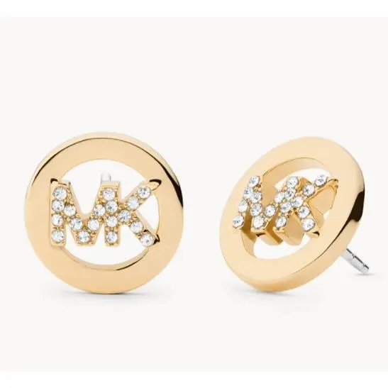 MK Logo Yellow Gold Brass Stud Earrings Crystals MKJ7629710 +mk Box by Michael Kors