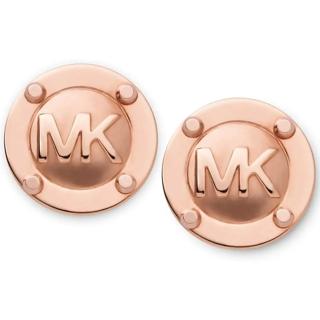 Michael Kors Brushed Rose Gold Tone MK Logo Disc Stud Earrings MKJ2987
