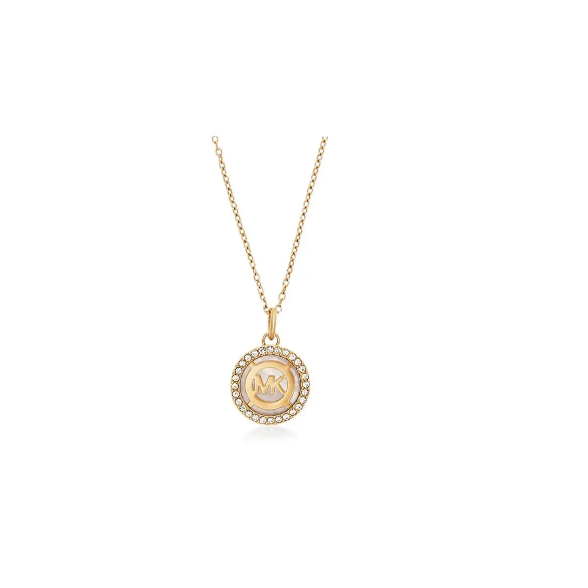 Michael Kors Gold Tone MK Pave Crystals Monogram White Mop NECKLACE-MKJ5636