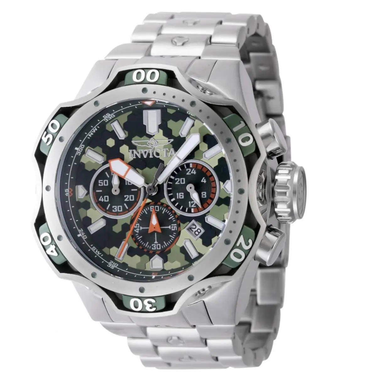 Invicta Venom Combat Men`s 52mm Forest Camo Quartz Chrono Watch 47755 - Dial: Black, Green, Silver, Yellow, Band: Silver, Bezel: Gray, Green, Silver