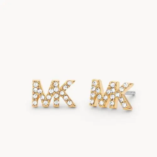 MK Logo Yellow Gold Stud Earrings Crystals Pave MKJ7632710 + MK Box by Michael Kors