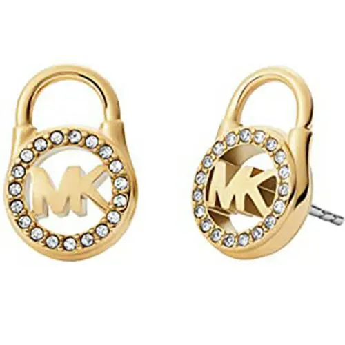 Michael Kors Gold Tone Crystals Glitz MK Padlock Drop Stud Earrings MKJ7410