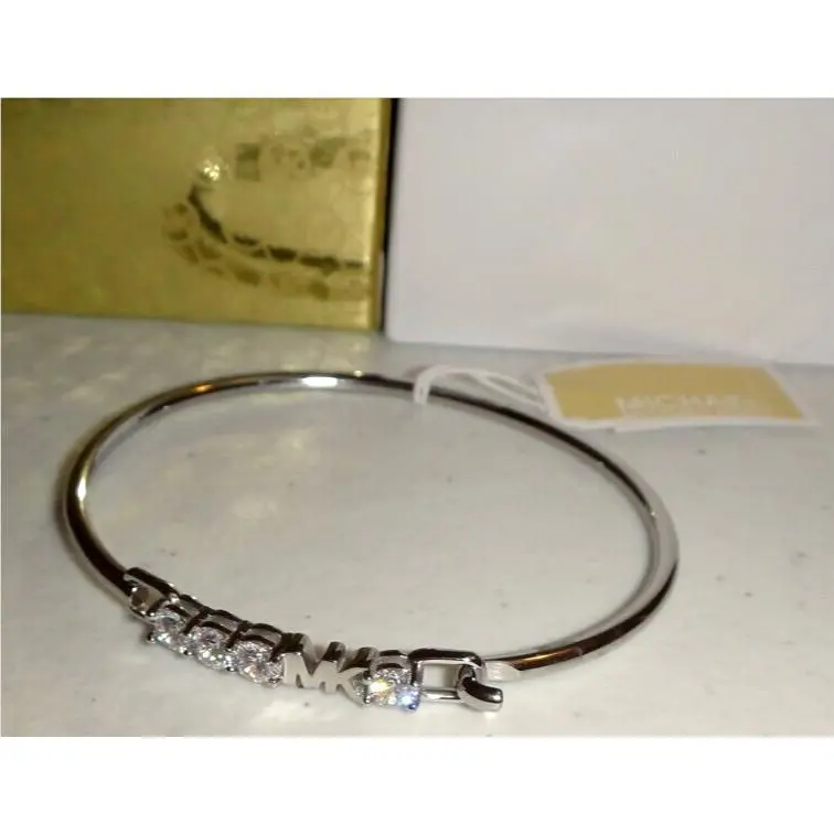 Michael Kors MK Logo Silver S/ Steel Bracelet 4 Single Crystals MKJ7317040 + Box