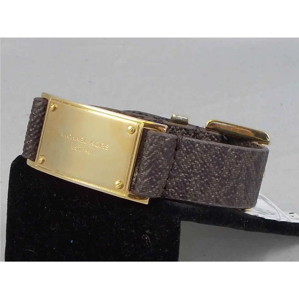 Michael Kors Gold Tone Plaque+mk Brown Saffiano Buckle Bracelet MKJ3854