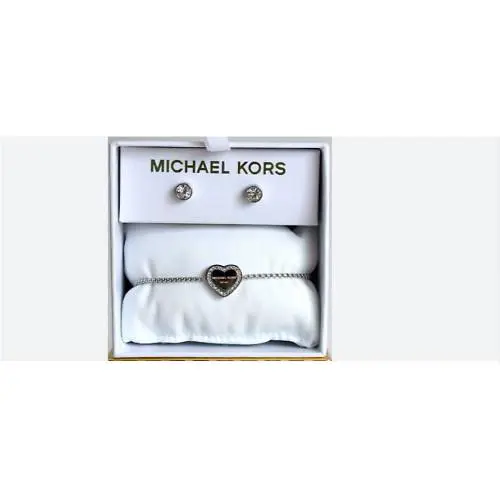 Michael Kors Gift Set Silver Heart Slider Bracelet Crystal Earrings MKJ7712040