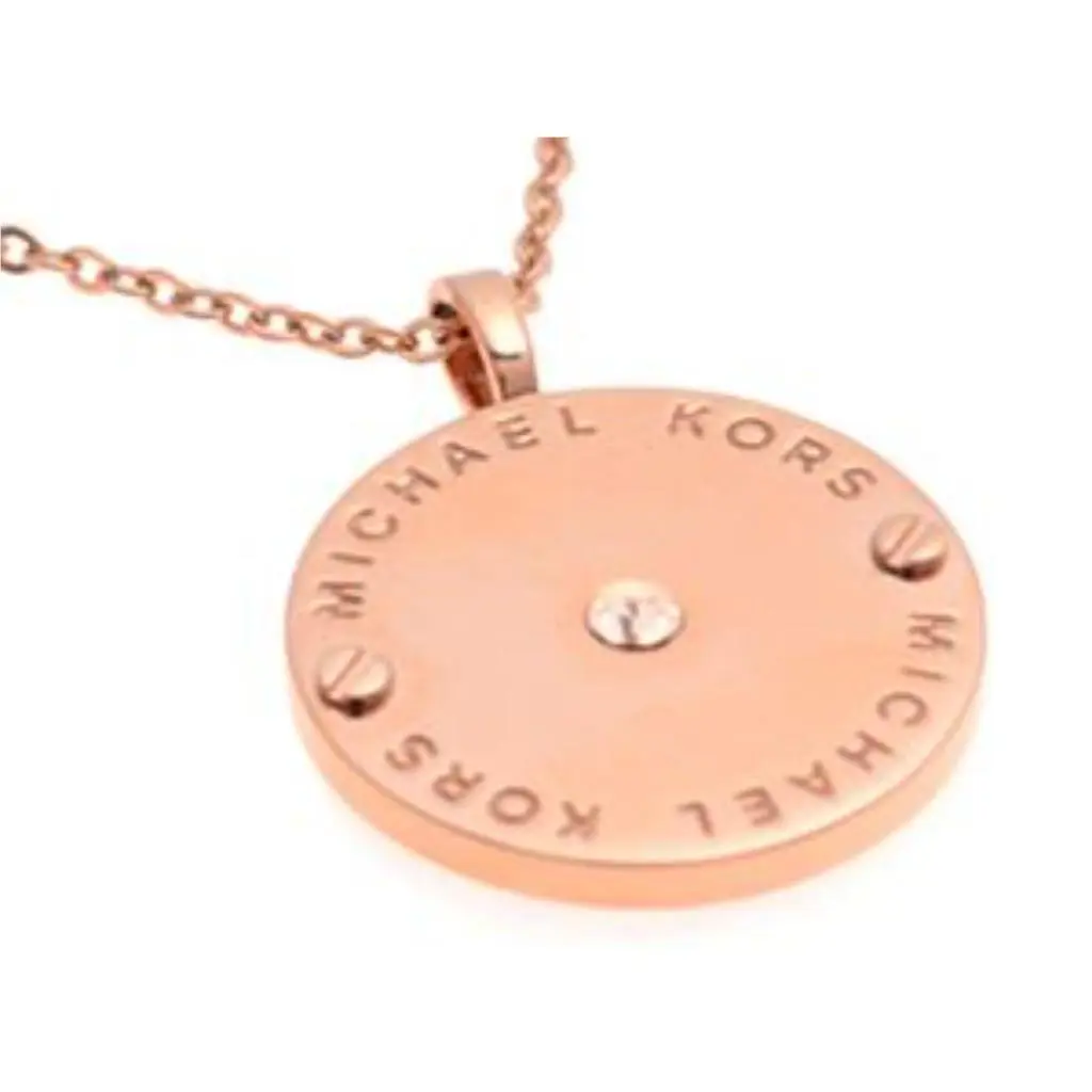 Michael Kors Womens Rose Gold MK Logo Disk Necklace Crystal Chip MKJ2656791 +box