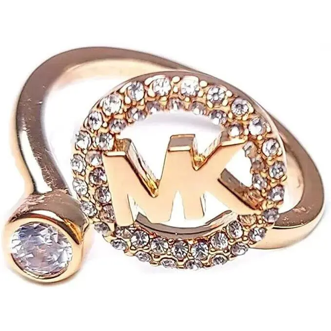 Michael Kors Goldtone MK Logo Ring Crystal Womens Adjustable Size 5-11
