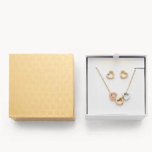 Michael Kors Gift Set Gold Silver Heart Necklace Earrings MKJ7924998 +mk Box