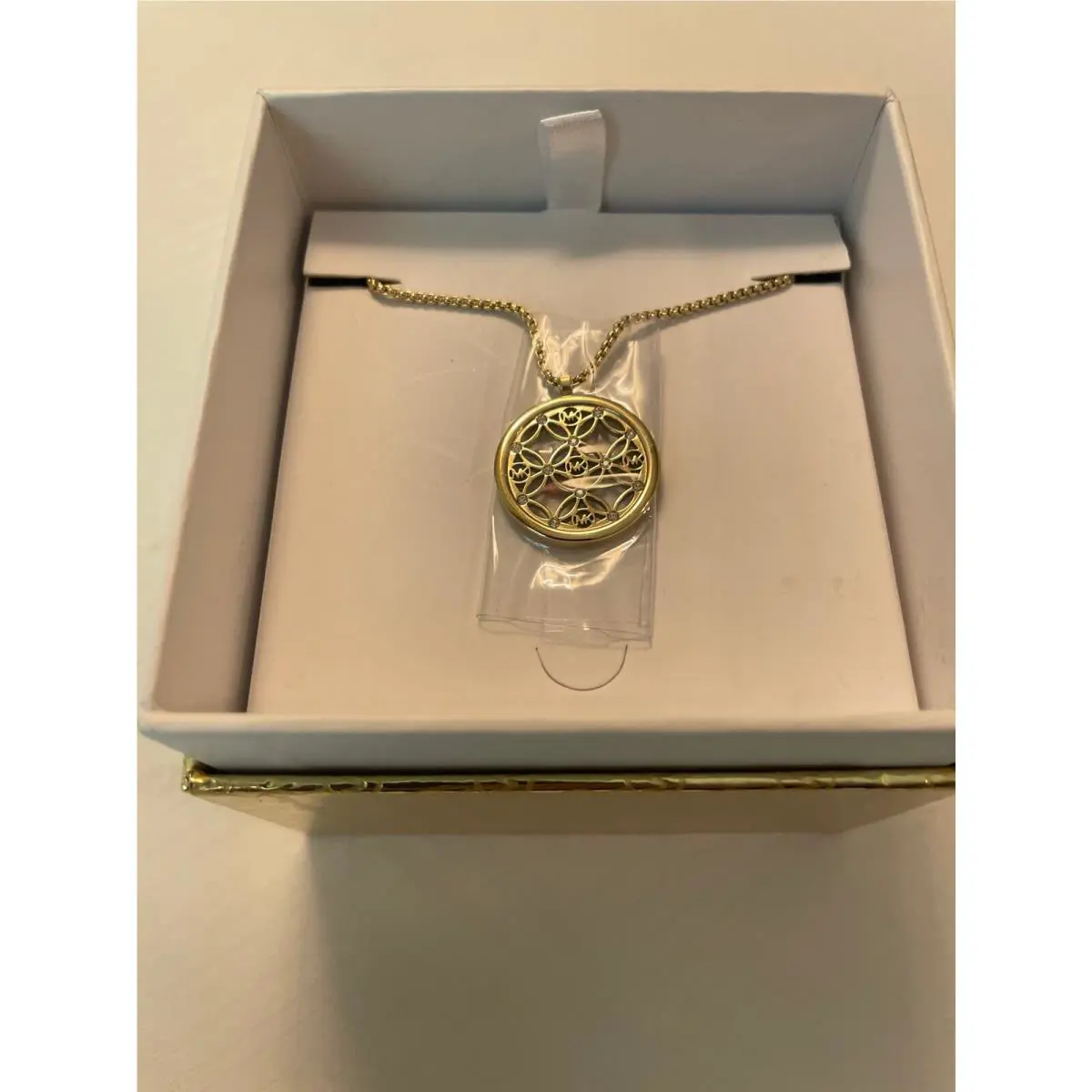 Michael Kors Women`s Heritage MK Monogram Gold Necklace Crystals MKJ4284710 +box