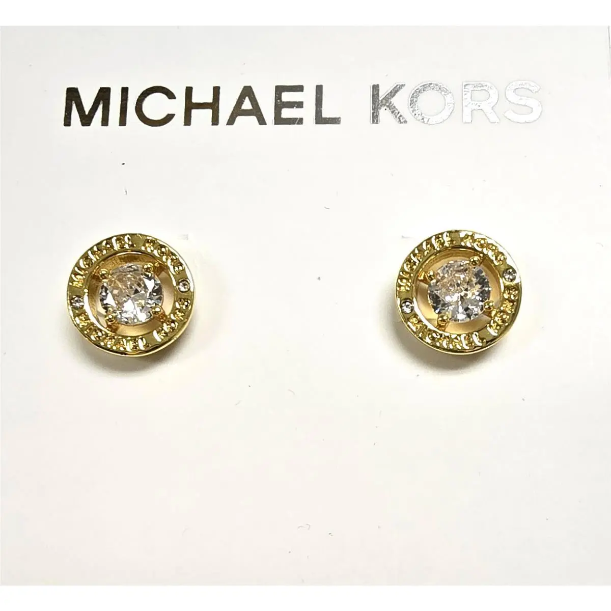 Gold Clear Crystal Round Logo Stud Earrings MKJ0103 by Michael Kors