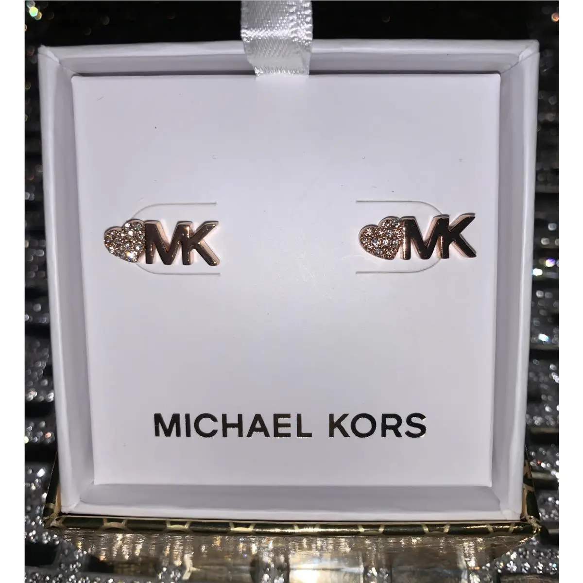MKJX7976791 MK Logo Stud Earrings Rose Gold Toned Crystal by Michael Kors