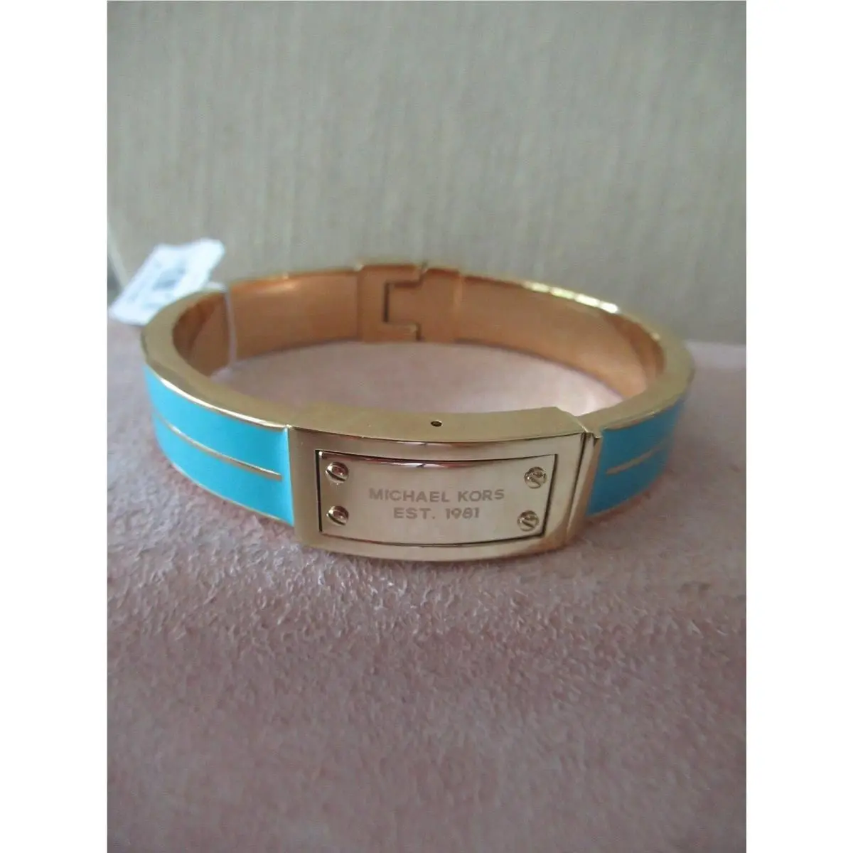 Logo Plaque Gold Tone Enamel Bangle Bracelet/turquoise/ Hinged by Michael Kors