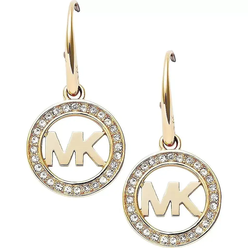 Michael Kors Gold Tone Crystals Trim MK Monogram Logo Drop Earrings MKJ4794