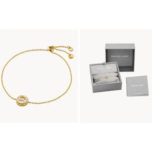 Michael Kors 14 KT Gold Plated Sterling Silver MK Logo Slider Bracelet + MK Box