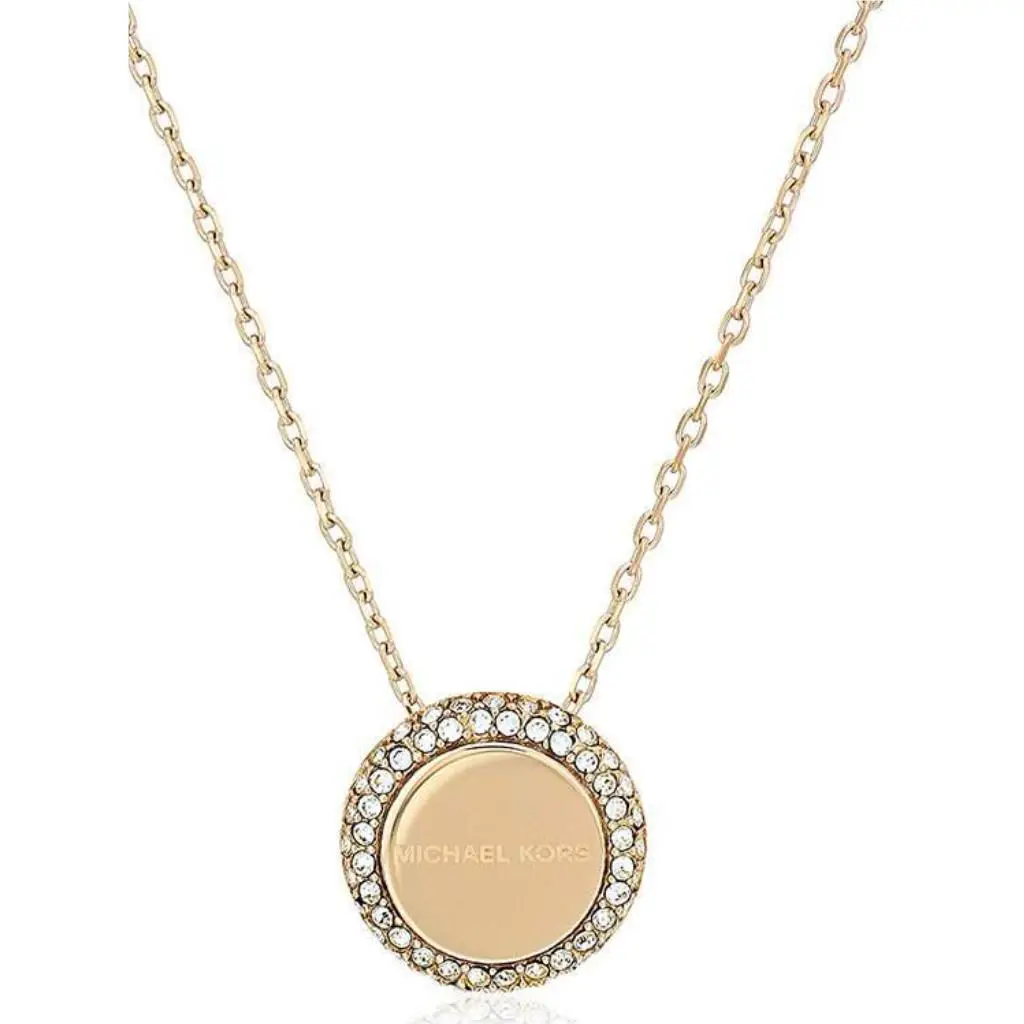 Michael Kors Brilliance Yellow Gold MK Logo Necklace Crystals MKJ6178710 +mk Box