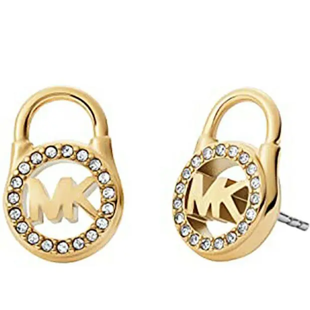 Yellow Gold MK Logo Padlock Stud Earrings Crystals MKJ7410710 + Box by Michael Kors